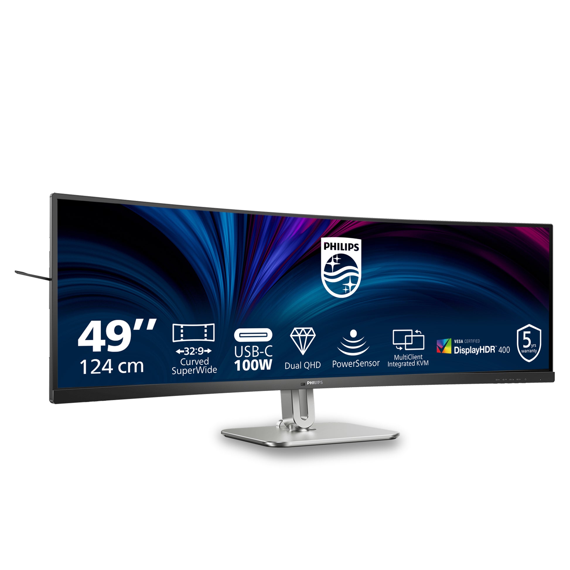 Philips 49B2U5900C/00 – Monitor, 48,8", 75 Hz, 450 cd/m², KVM, Gebogen, Lautsprecher, VESA 100 × 100, Schwarz