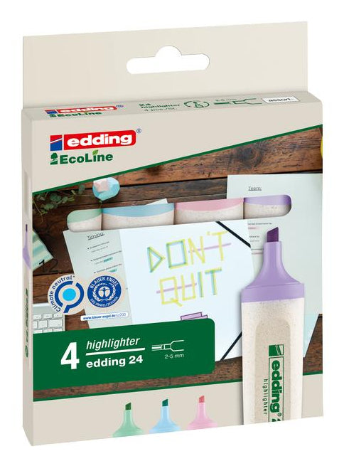 Edding EcoLine Textmarker Set 4 Farben Pastell – Keilspitze, 2–5 mm, nachfüllbar, Blauer Engel