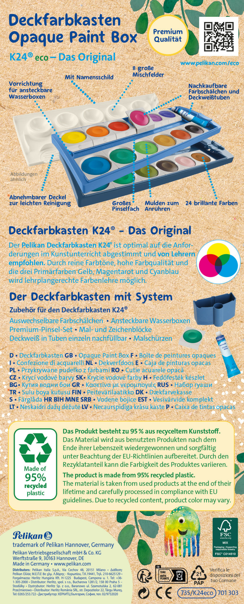 Pelikan K24 eco – Deckfarbkasten – 24 Farben, inklusive Deckweiss