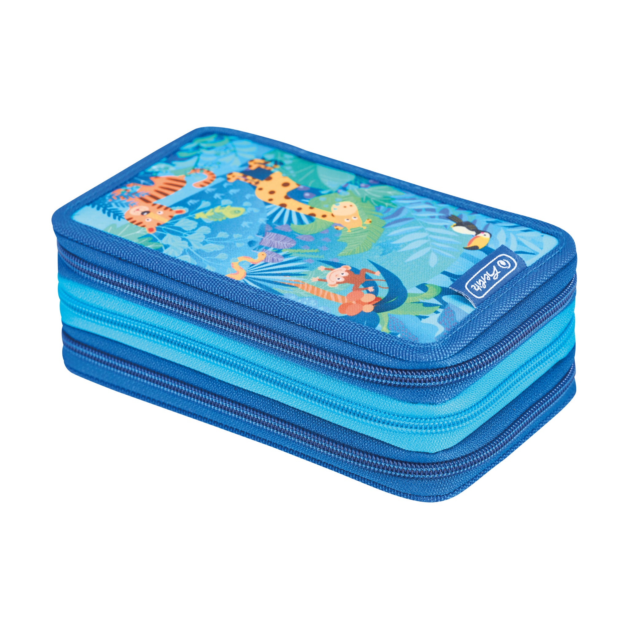 Herlitz TriCase – Schüleretui, 3 Klappen, gefüllt (31-teilig), Jungle Safari, Blau, 19 × 11,5 × 7 cm