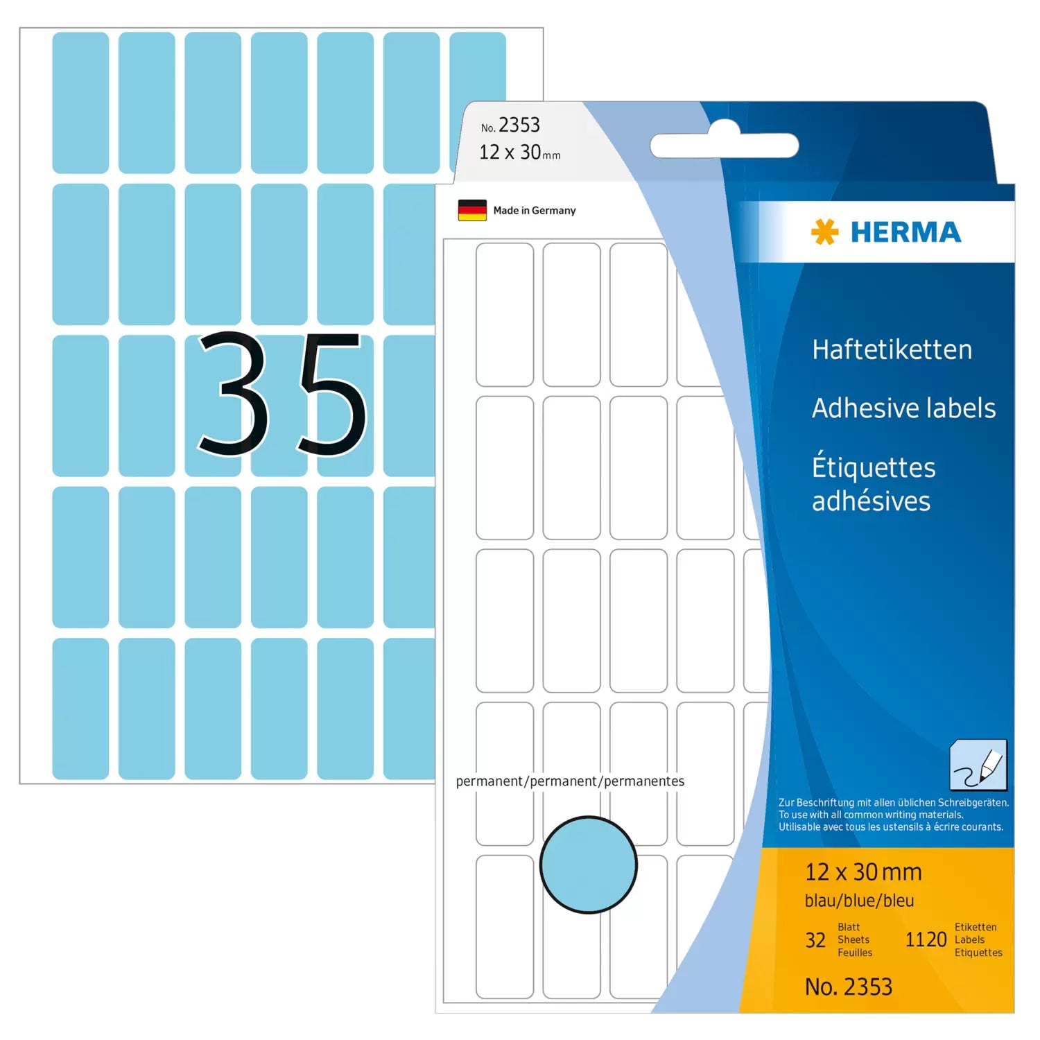 HERMA Haftetiketten – rechteckig 12 × 30 mm, permanent, blau, 32 Blatt (1'120 Stk.)