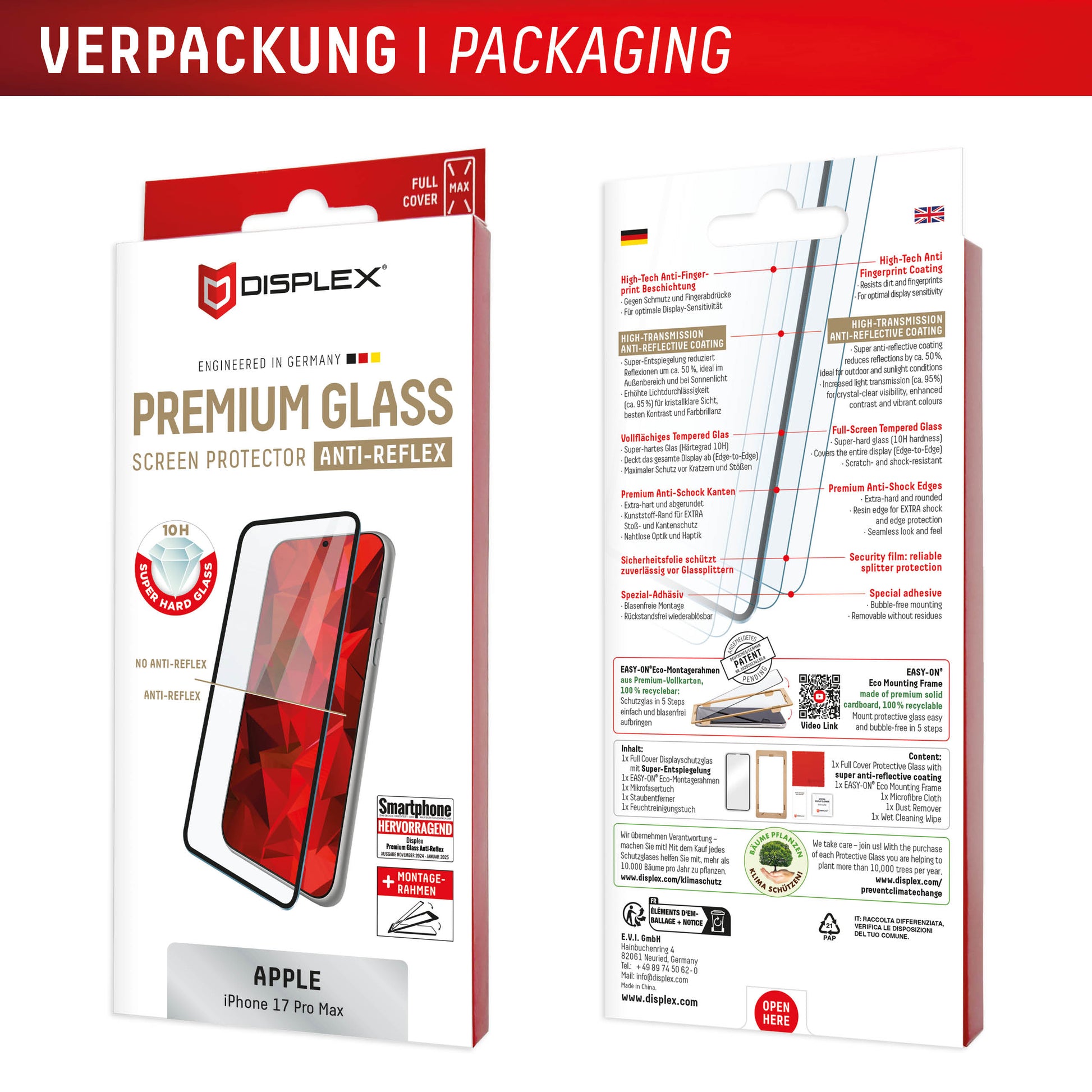 E.V.I. Displayschutz (Panzerglas), Full Cover – für iPhone 17 Pro Max – mit Applikator