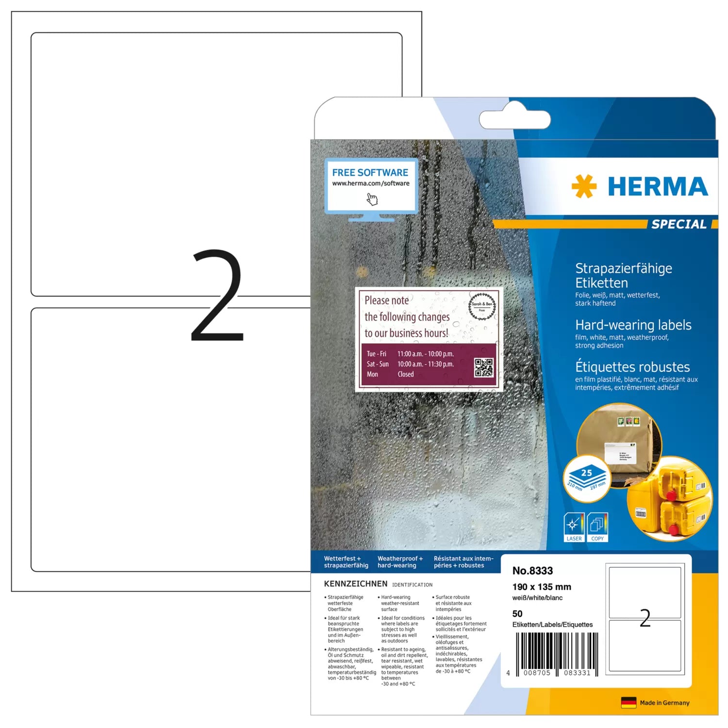 HERMA Etiketten, 190 mm × 135 mm, weiss, Folie, extra stark, 25 Blatt (50 Etiketten)