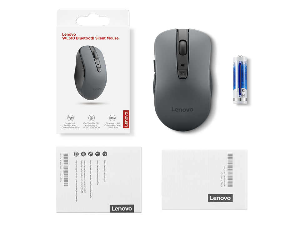 Lenovo WL310 Office – Maus – Kabellos (Bluetooth), 1200 DPI, beidhändig, Grau