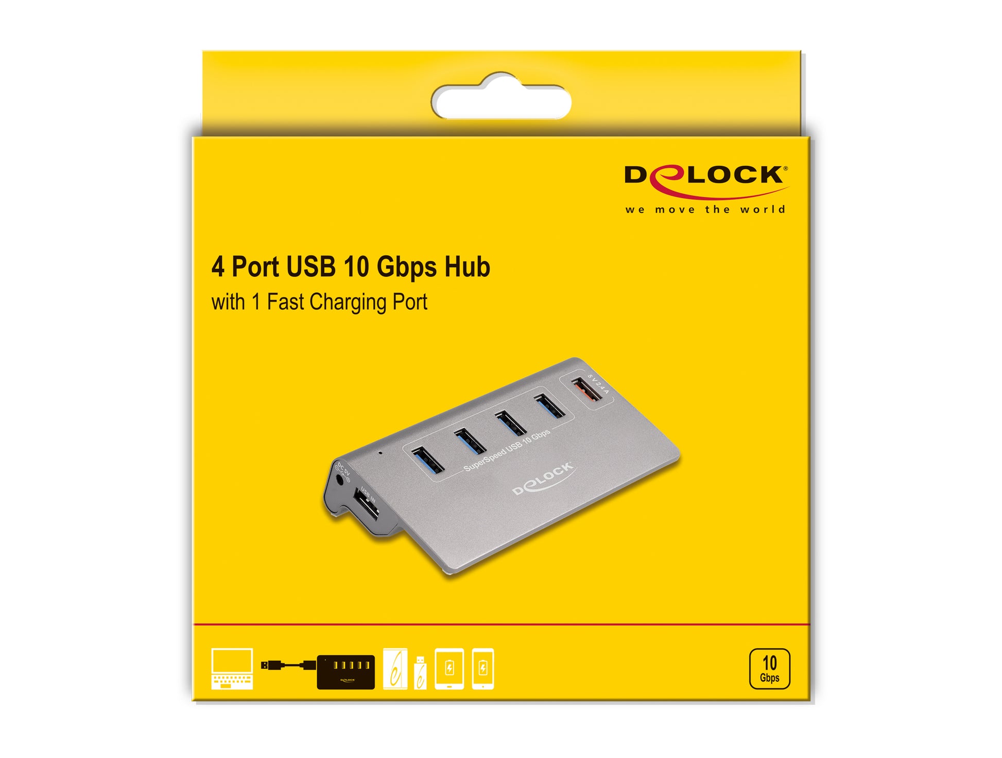 DeLOCK USB-Hub – USB-A, 4× 10 Gbit/s, 1× Schnellladeport, für Windows/Mac/Linux