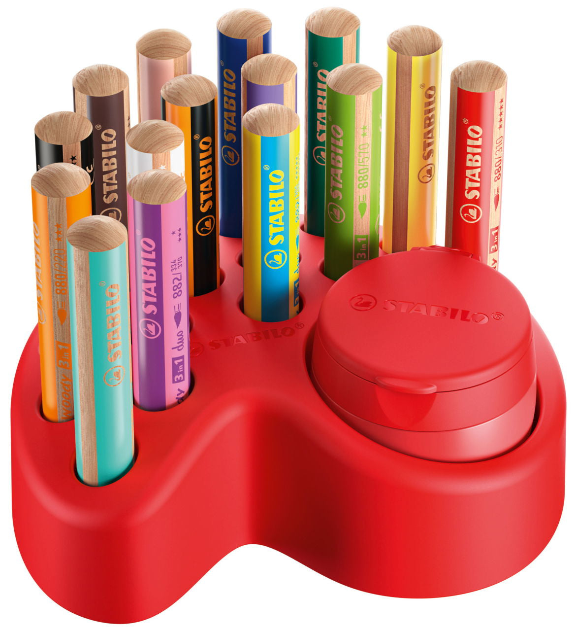 STABILO Woody 3 in 1 Aquarellstift, mehrfarbig, 15er-Set – Ø 10 mm