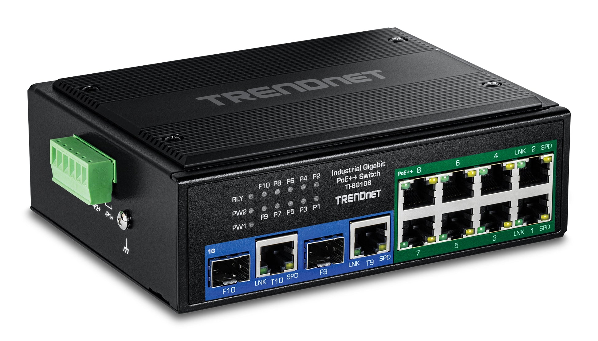 TRENDnet TI-BG108 – Switch – 8× 1G + 2× 1G (RJ‑45/SFP), PoE++, PoE-Budget 400 W, DIN-Schiene