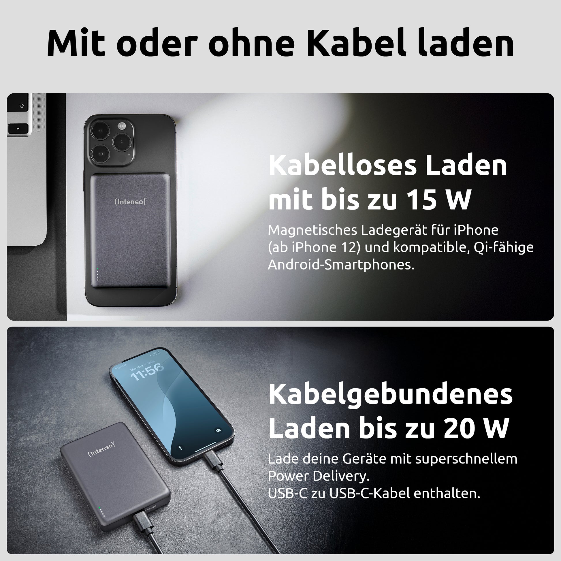 Intenso MagSafe Powerbank 10000 mAh, PD 20 W, mit LED-Anzeige, für iPhone (MagSafe), Grau
