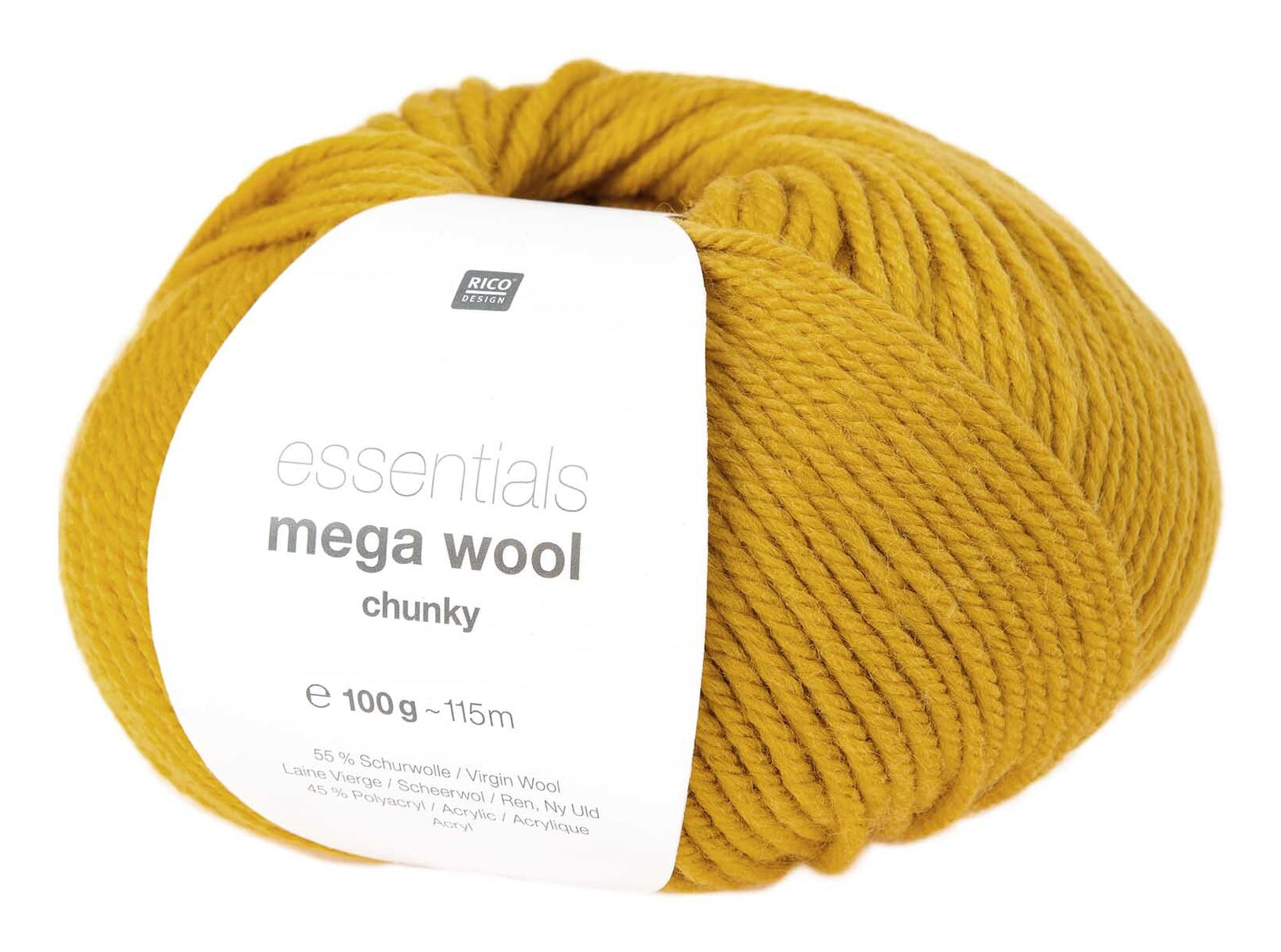 Rico Design Essentials Mega Wool Chunky Wolle Senfgelb – 100 g, 115 m, Nadel 6 mm, 55% Schurwolle/45% Polyacryl