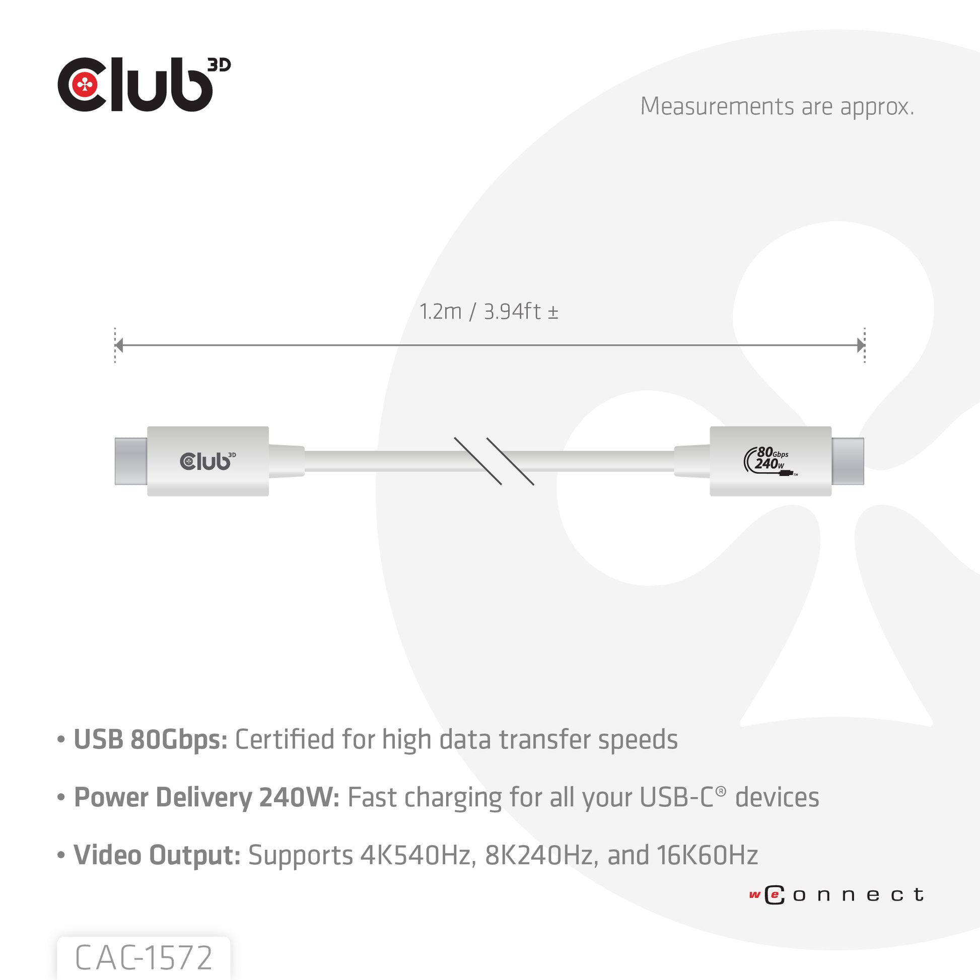 CLUB3D Club 3D – USB-C auf USB-C Kabel – USB4 80 Gbit/s – 1,2 m – PD 240 W – USB-IF zertifiziert – Weiss