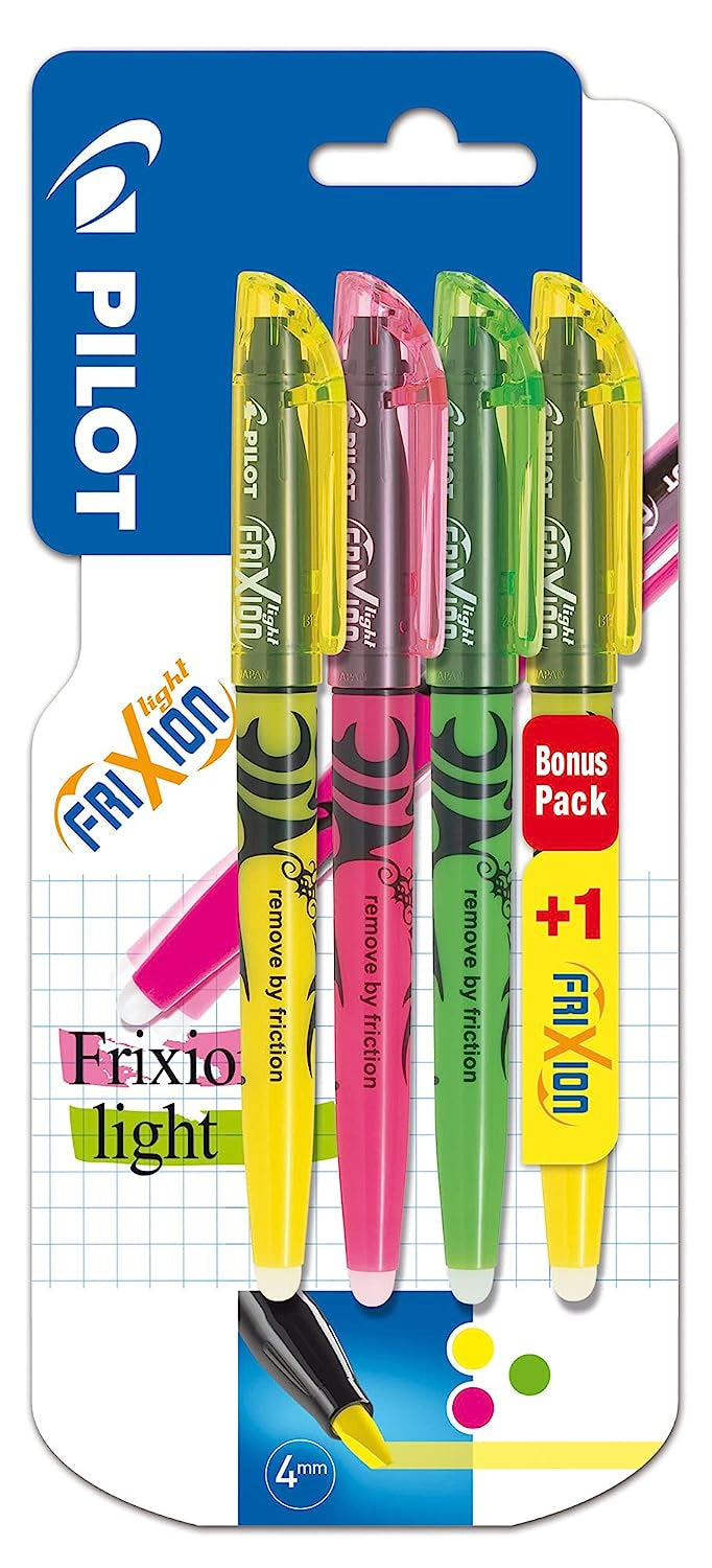 Pilot FriXion Light Textmarker – 4er Set, Farben: Grün/Pink/Gelb, Keilspitze 3,3 mm, radierbar