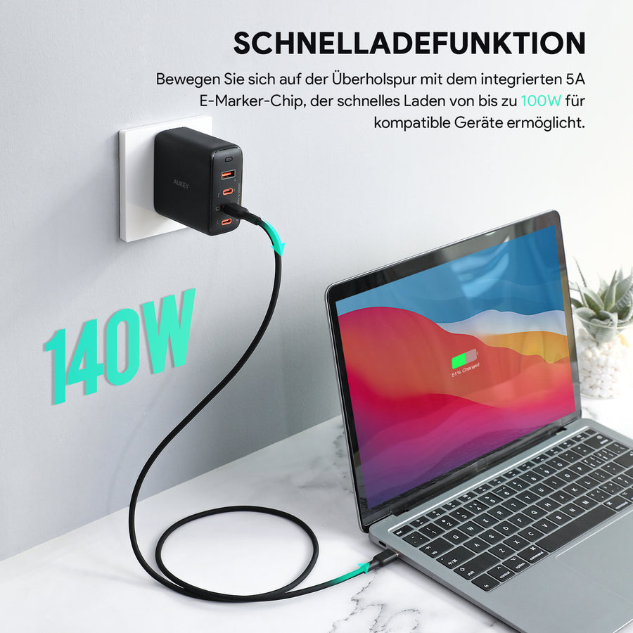 AUKEY USB-C-auf-USB-C-Kabel – USB 2.0 (480 Mbit/s) – 1 m – PD 100 W – Silikon – Schwarz