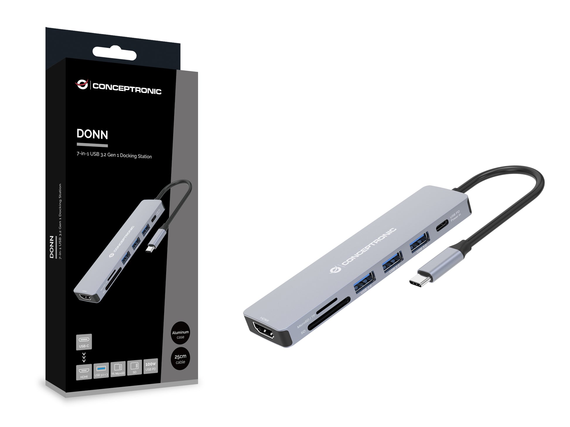 Conceptronic DONN19G Dockingstation – USB-C, 1× HDMI, 3× USB-A, 100 W PD, SD/microSD, für Windows/Mac/ChromeOS