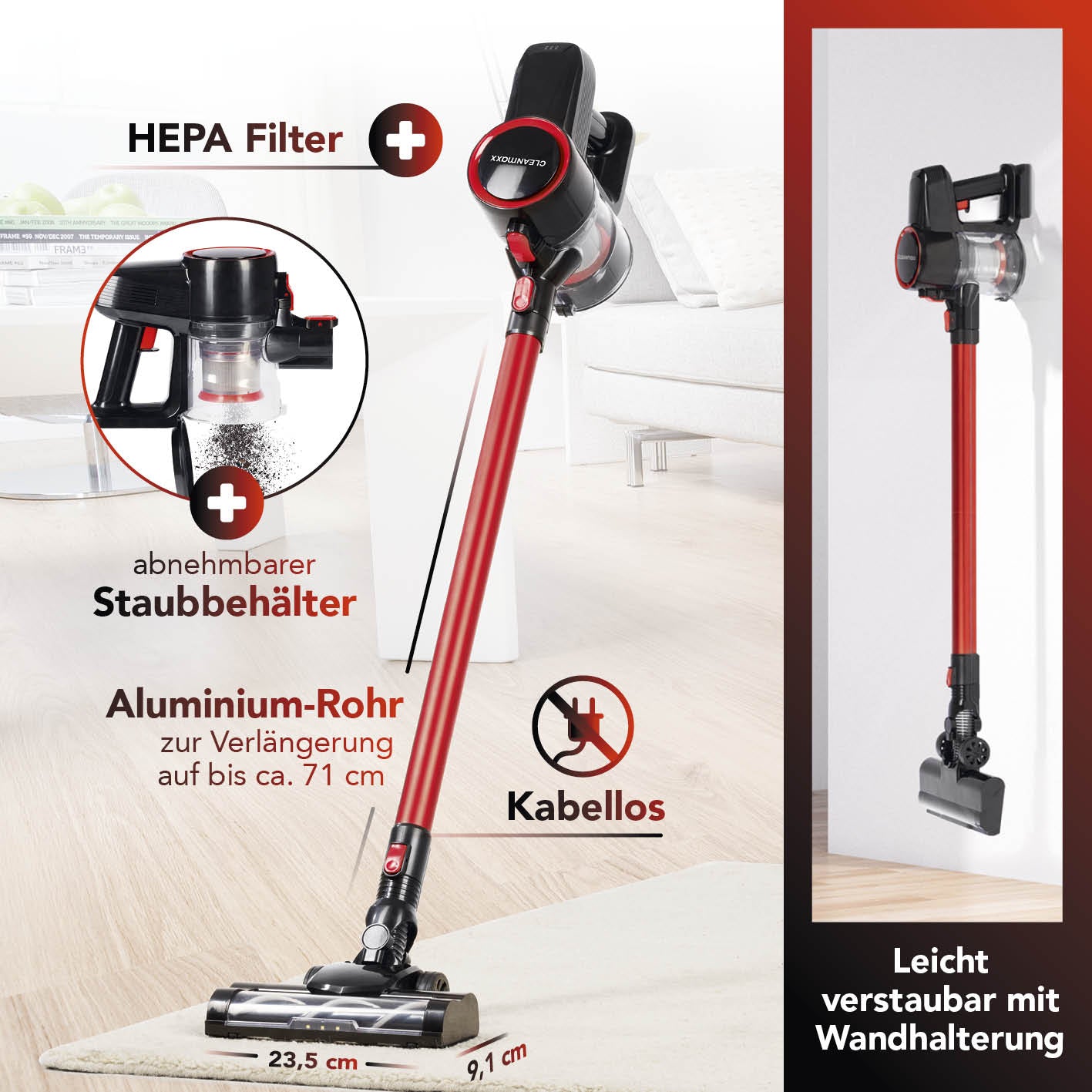 CLEANmaxx Akkustaubsauger – 0,8 l, Akkubetrieb, 2 Stufen, 22 V