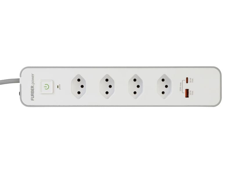 Furber. F.power Steckdosenleiste – 4× T13, USB‑A/C, 1,5 m, mit Schalter, Weiss