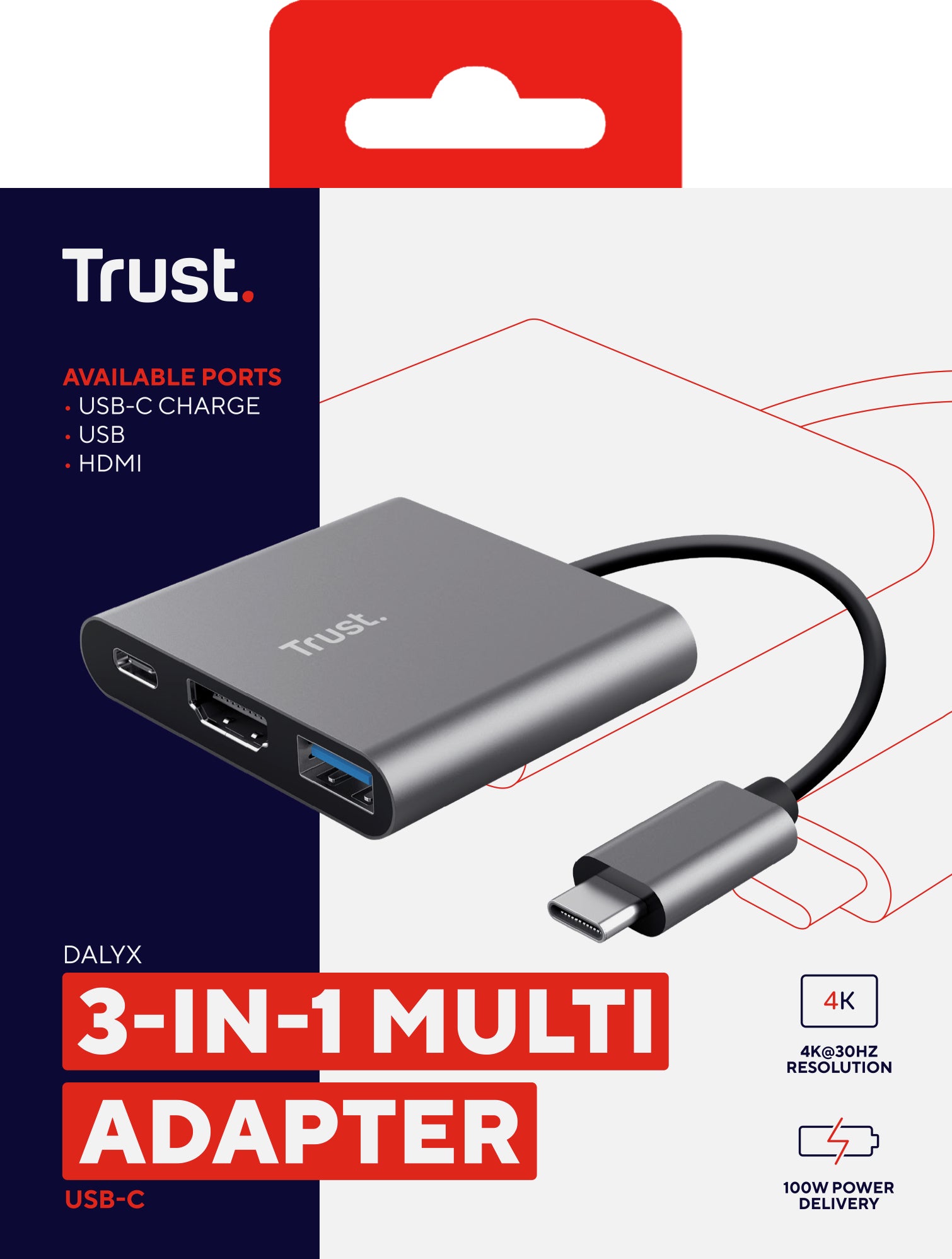 Trust Dalyx Multiport-Adapter – USB-C, 1× HDMI, 1× USB-A, 100 W PD, für Windows/Mac/Android