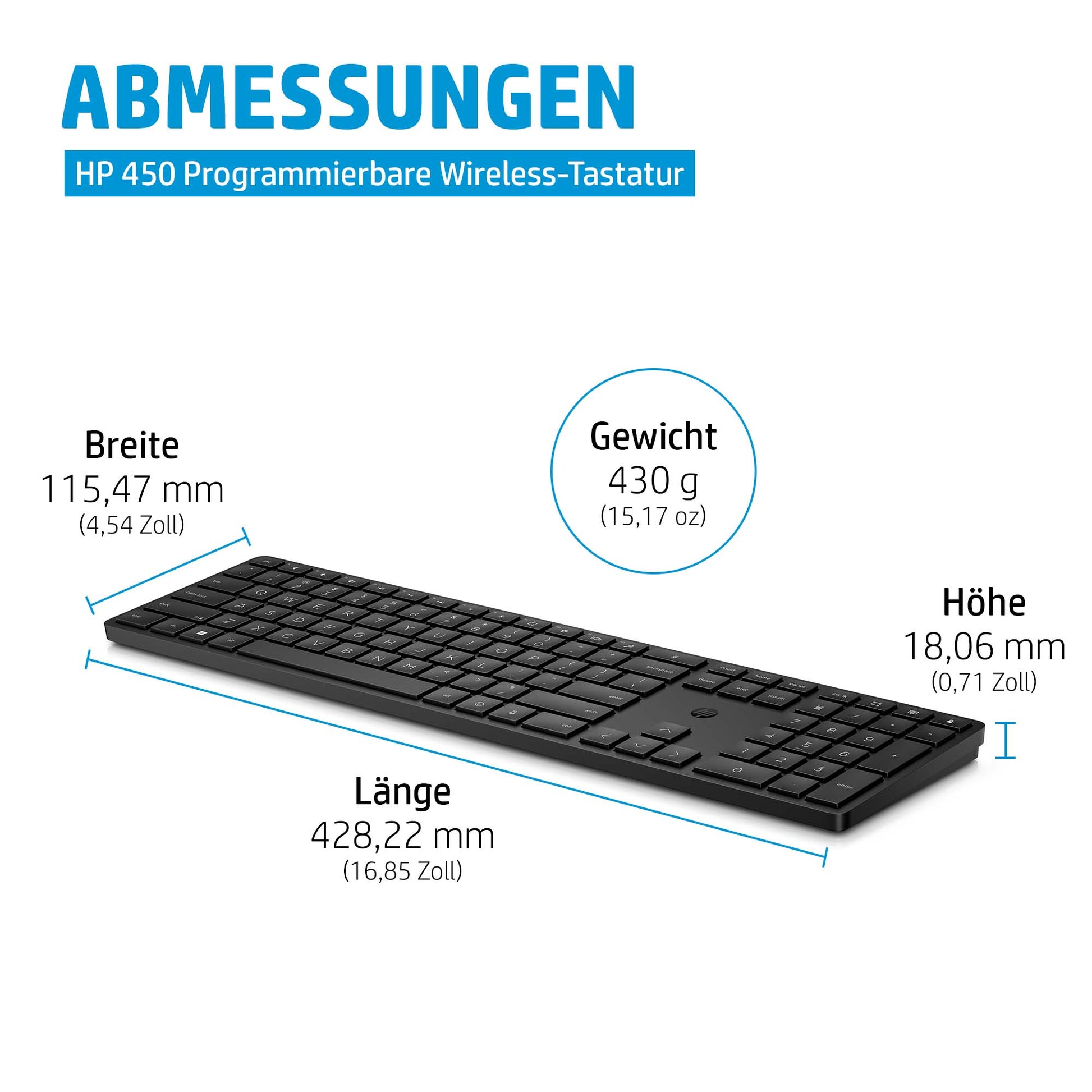 HP 450 – Tastatur – Programmierbar, Verkabelt & 2,4 GHz (USB-A), Schwarz – für PCs mit USB-A-Anschluss