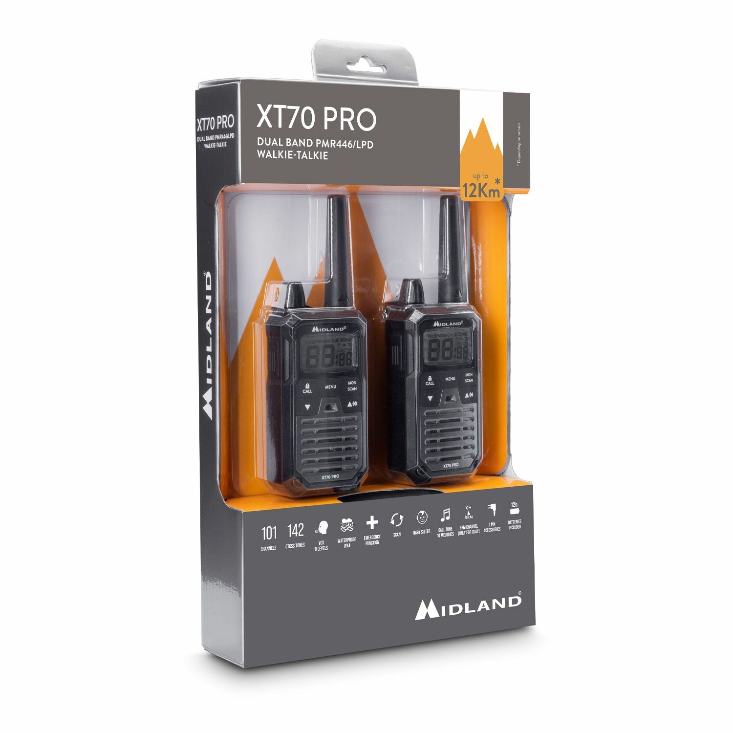 Midland XT70 Pro Funkgerät – DMR, 12 km, 32 Kanäle, IPX4, mit Ladestation
