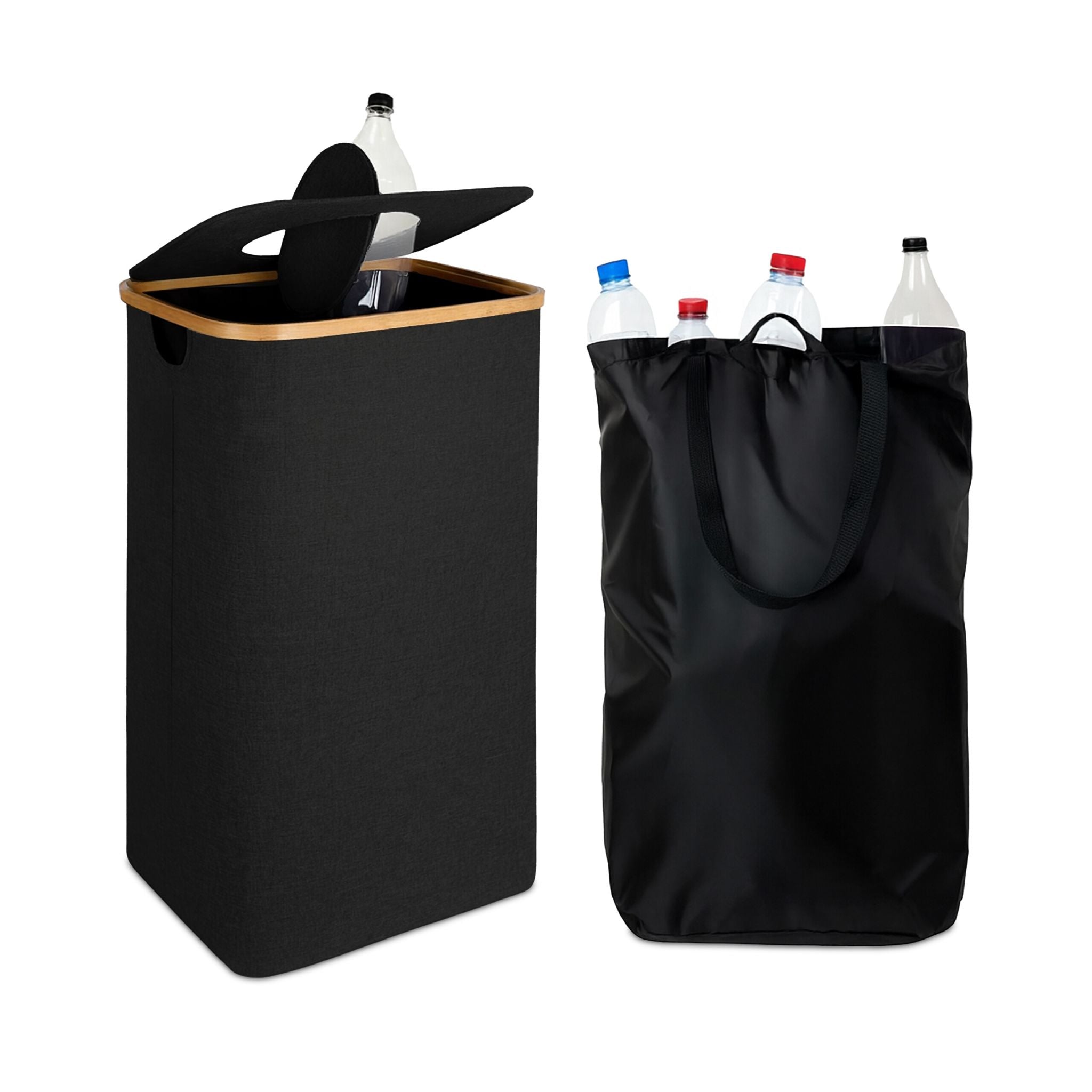 Relaxdays Recyclingbox – 100 l – Baumwolle, rechteckig – schwarz/hellbraun – mit Innenkübel