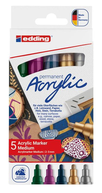 Edding 5100 Acrylmarker Metallic – Rundspitze 3 mm – Mehrfarbig – 5er-Set – für Glas