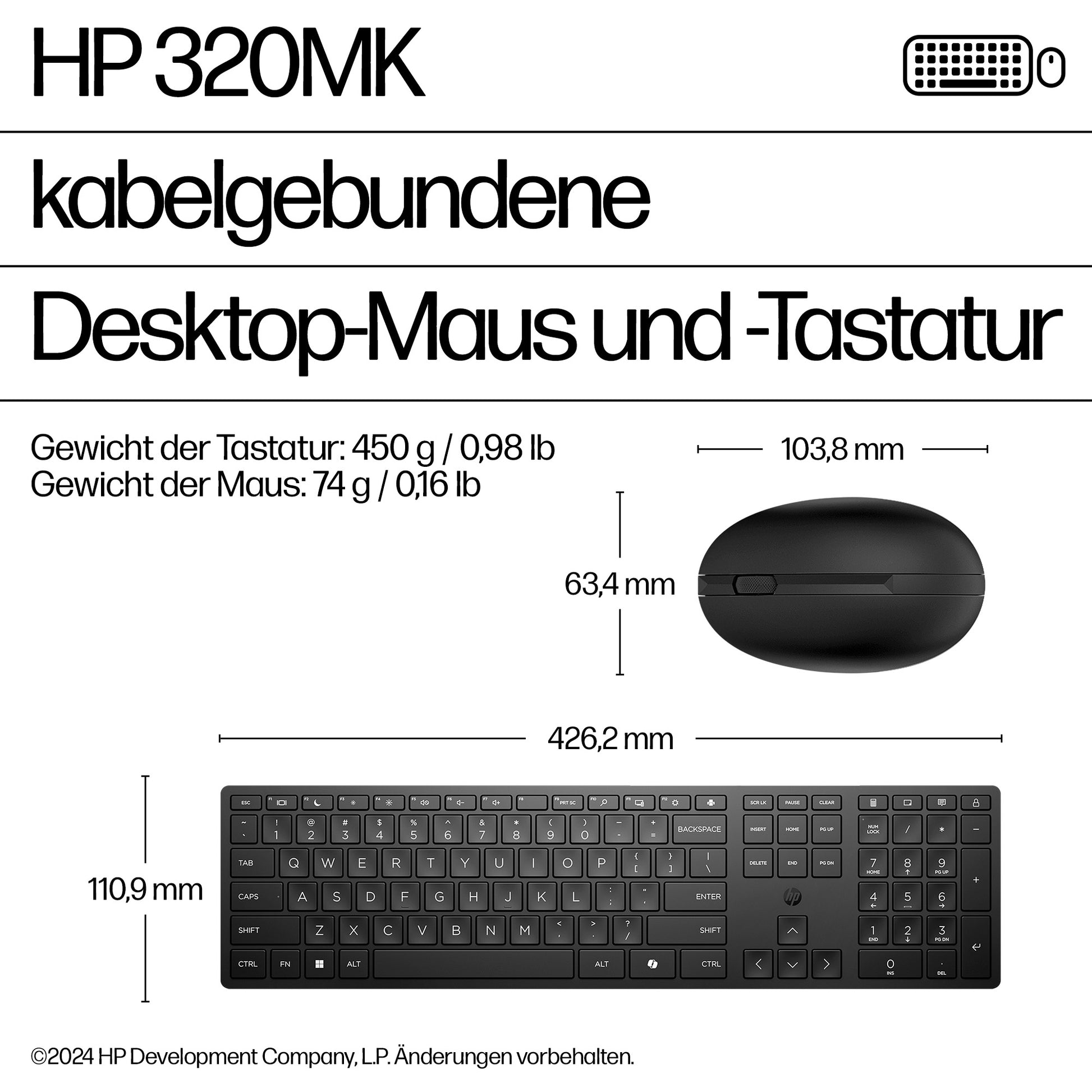 HP Wired Desktop 320MK – Tastatur- und Maus-Set – USB (kabelgebunden), Full-Size, Membran, 1000 DPI, Schwarz