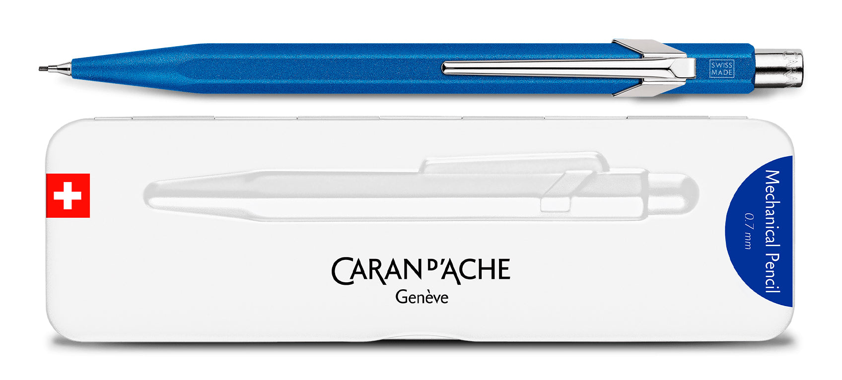 Caran d-Ache 849 Colormat-X Druckbleistift – 0,7 mm – Aluminium – Blau – Mit Radierer