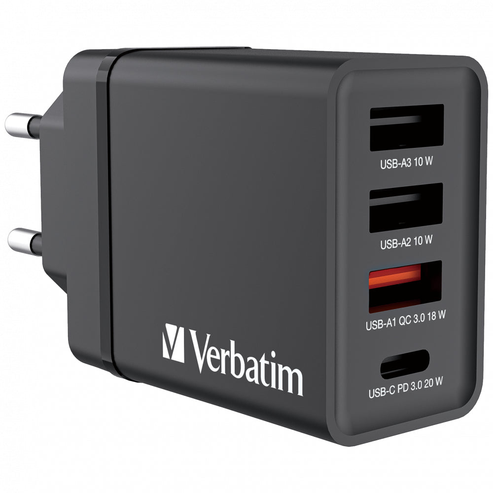 Verbatim USB-Wandladegerät 30 W – USB-C×1, USB-A×2 – PD, QC 3.0 – EU-Stecker (Typ C), Schwarz