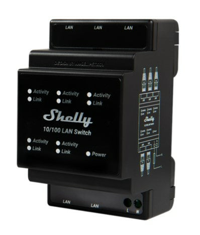 Shelly LAN Switch – Smart Switch – 5× 10/100 Mbit/s, DIN-Schiene