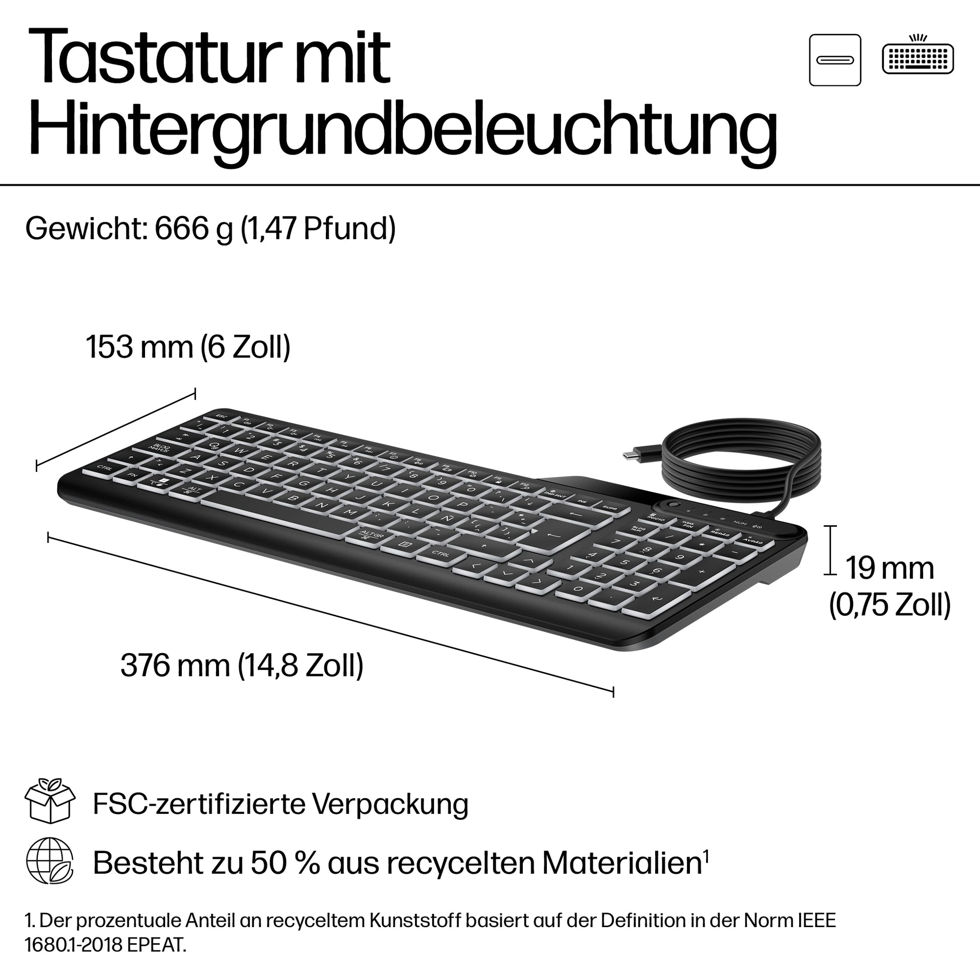 HP 405 – Tastatur – Membran – kabelgebunden, USB-C – QWERTY (US-INT) – beleuchtet – schwarz