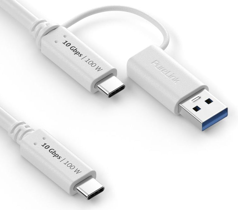 PureLink USB-C auf USB-A Kabel – USB 3.2 Gen 2 (10 Gbit/s) – 1 m – PD 100 W – 4K/60 – Goldstecker – Weiss