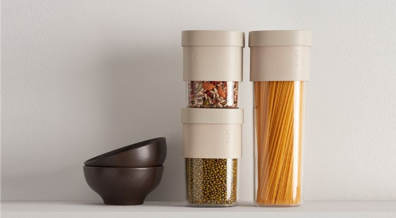 Lékué Vorratsdose 2,5 l, Ø 11,4 × 25,5 cm, Polypropylen (PP), beige/transparent, 3-teilig