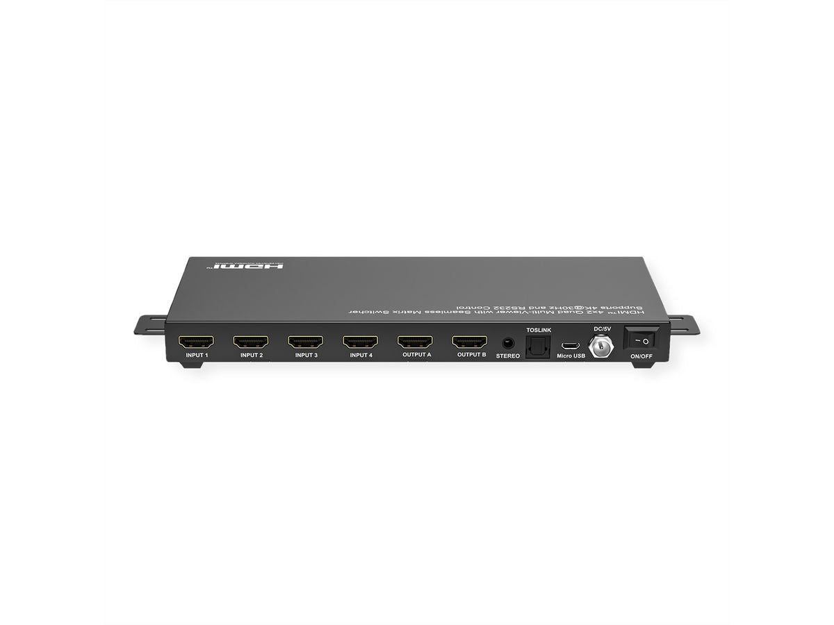 VALUE HDMI Matrix 4×2, 4K@30 Hz, Quad Multi-Viewer, HDCP 1.4, RS-232/IR, Toslink/Stereo, Schwarz