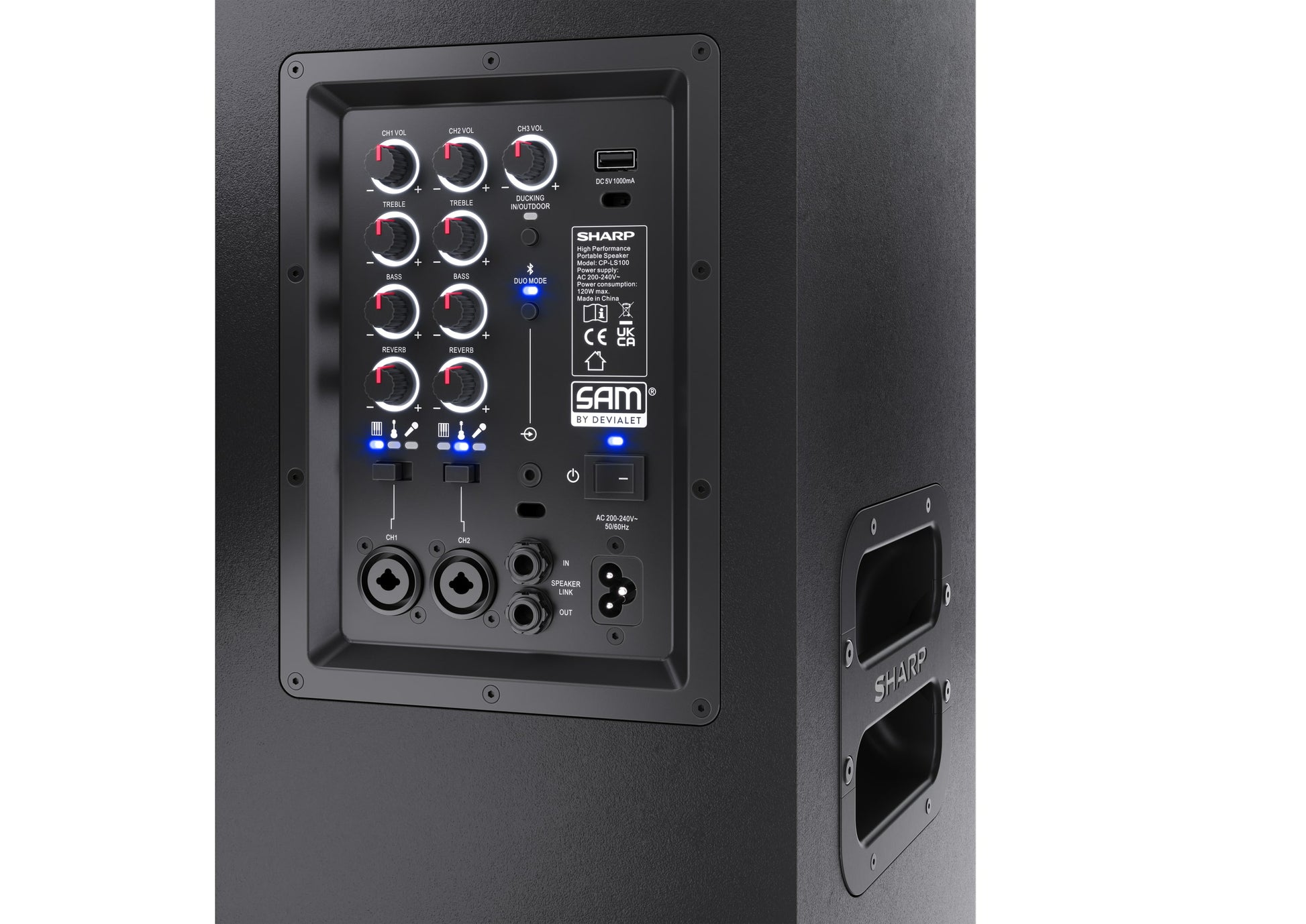 Sharp CP-LS100 – Party-Lautsprecher – 120 W, 10 h Akku, LED, Bluetooth 5.0, spritzwassergeschützt, Schwarz
