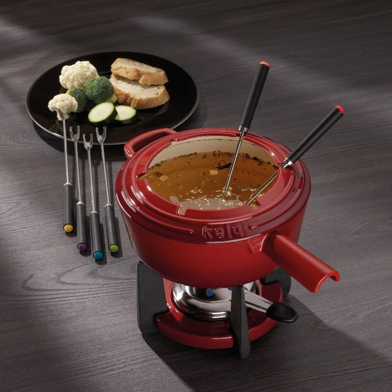 Kela Fondue-Set – Ø 20 cm, Gusseisen, für Käsefondue, Elektro, Rot, 6 Pers., 11 Teile