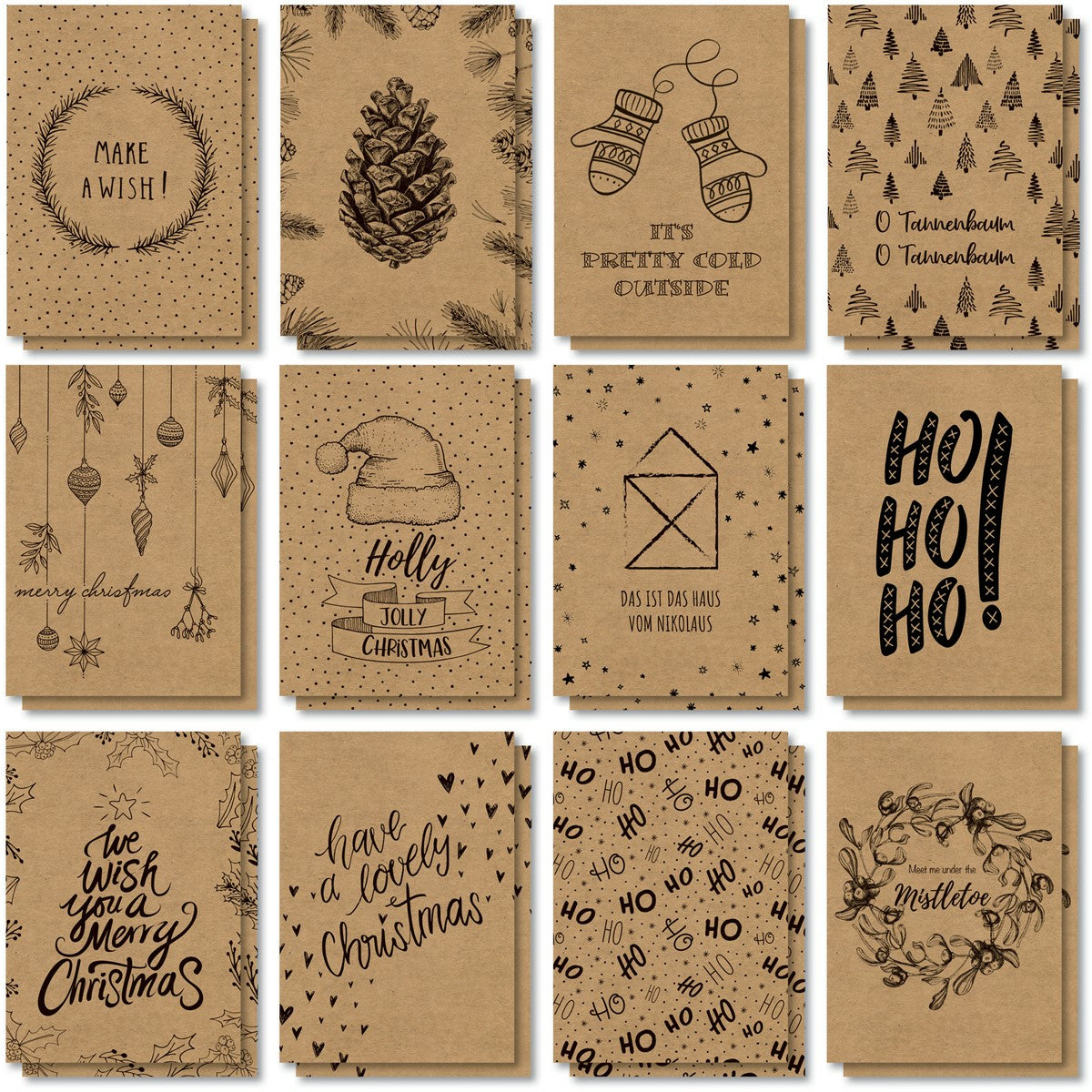 Sigel Weihnachtsgrusskarte (Natural Christmas) – A6 (105 × 148 mm) – Text DE/EN, Kraftpapier, 24er Pack