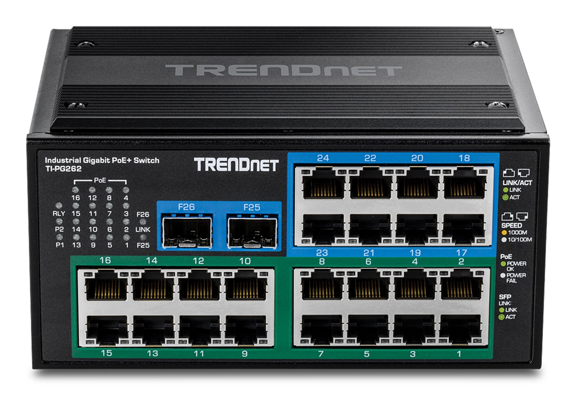 TRENDnet TI-PG262 – Unmanaged Switch – 24× 1G, 2× SFP, PoE+, PoE-Budget 480 W, DIN-Schiene