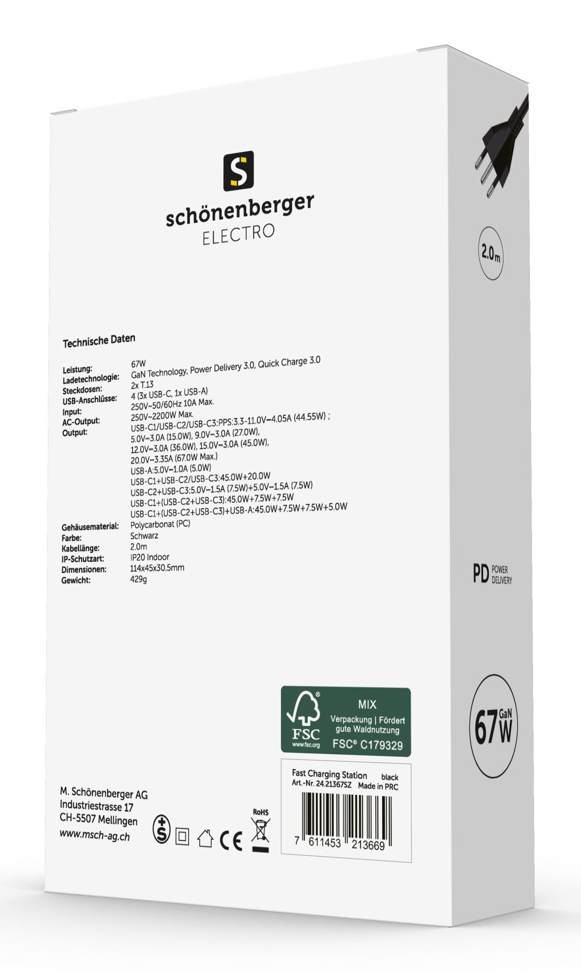 M. Schönenberger 24.21367SZ USB-Desktop-Ladegerät 67 W – USB-C×3, Micro-USB×1 – PD 3.0, QC 3.0 – Schwarz