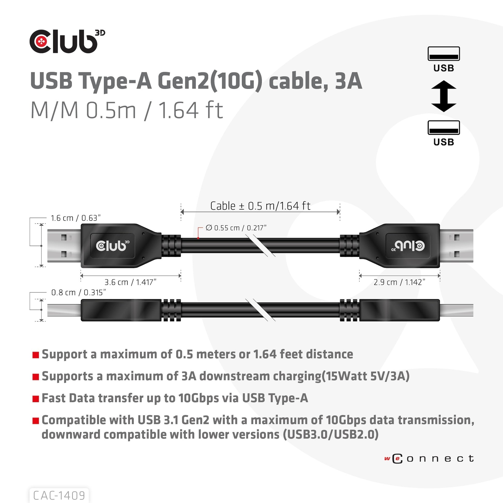 CLUB3D Club 3D – USB-Kabel, USB-A zu USB-A, 0,5 m, USB 3