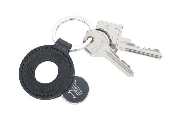 TROIKA Schlüsselring Coin Adventure – mit Einkaufschip, Leder, Schwarz, Ø 45 mm