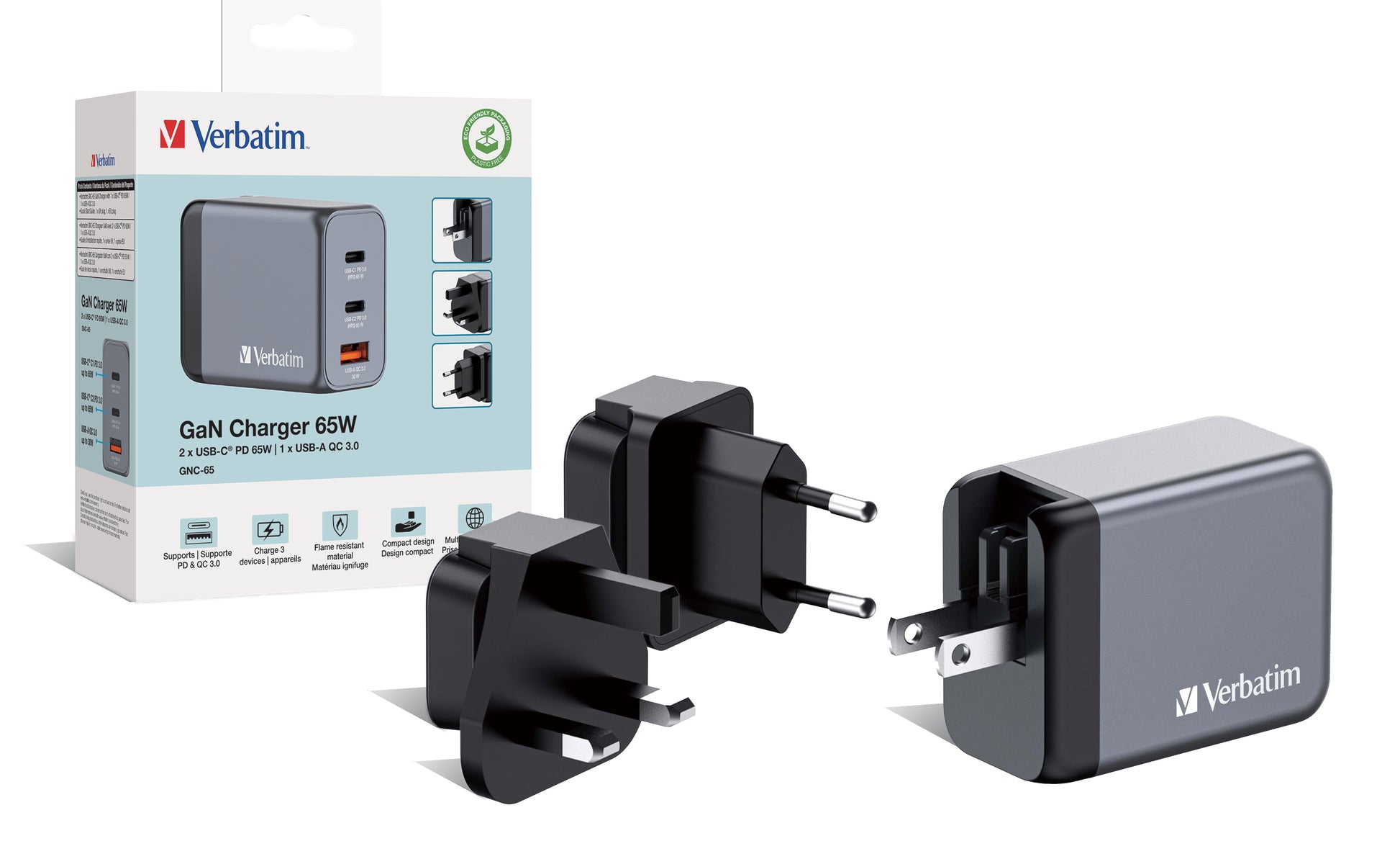 Verbatim GNC-65 USB-Ladegerät 65 W – USB-C×2, USB-A×1 – PD, PPS, QC 3.0, GaN