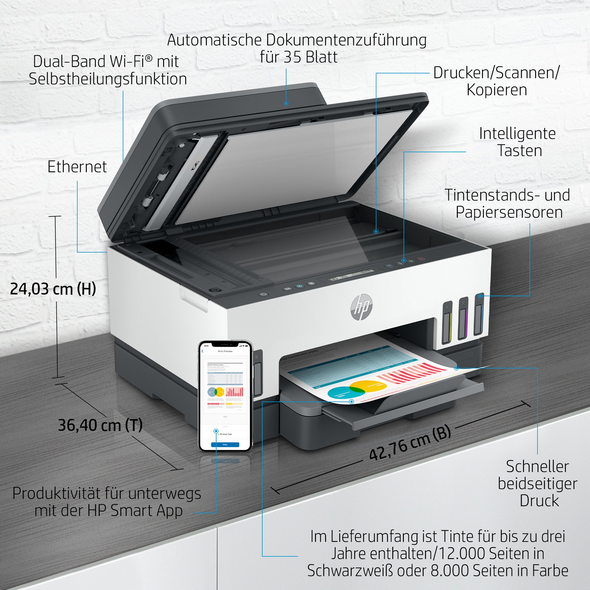 HP Smart Tank 7305 – Farbiger Tintenstrahl-MFP A4, 3-in-1 – USB/LAN/WLAN – Duplex, ADF – 15 ppm S/W