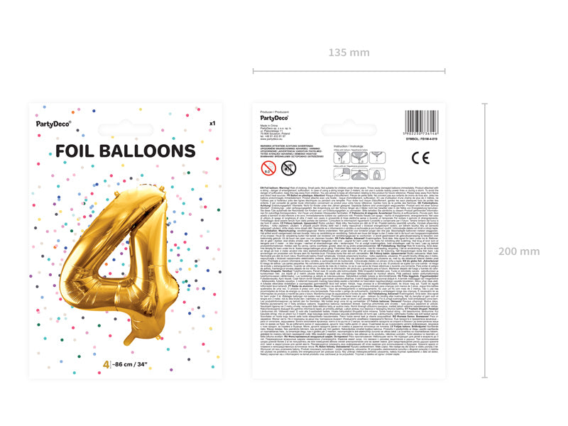 PartyDeco Folienballon Zahl 4 – Gold – 86 cm – Folie – 1 Stk