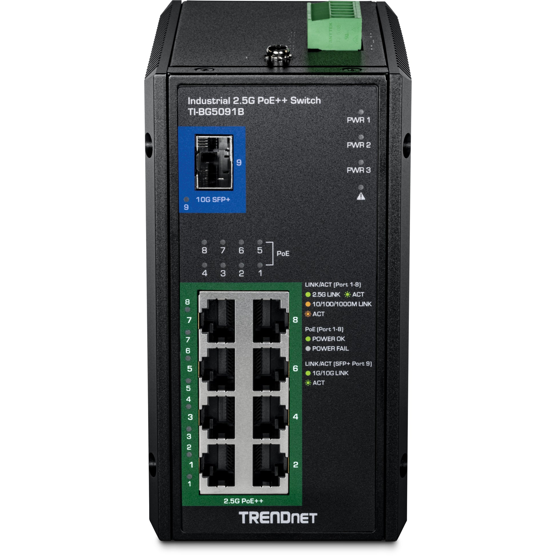 TRENDnet TI-BG5091B – Unmanaged Switch – 8× 2.5G PoE++, 1× SFP+, PoE-Budget 480 W, DIN-Rail