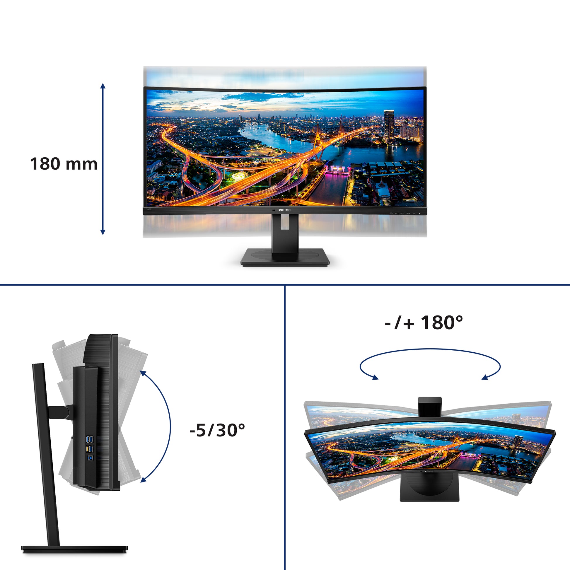 Philips 345B1C/00 – Monitor, 34", 3440 × 1440, VA, 100 Hz, 300 cd/m², Gebogen, VESA 100 × 100, Schwarz