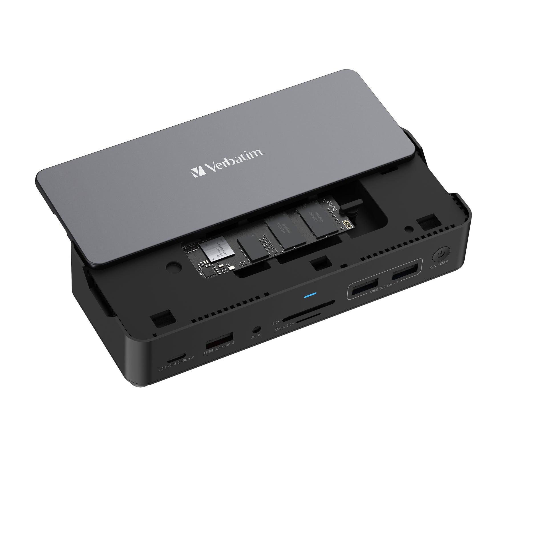 Verbatim CDS-15SSD Dockingstation – USB-C, DP, 2× HDMI, 3× USB-A, 100 W PD, GbE, 256 GB SSD, für Windows/Mac