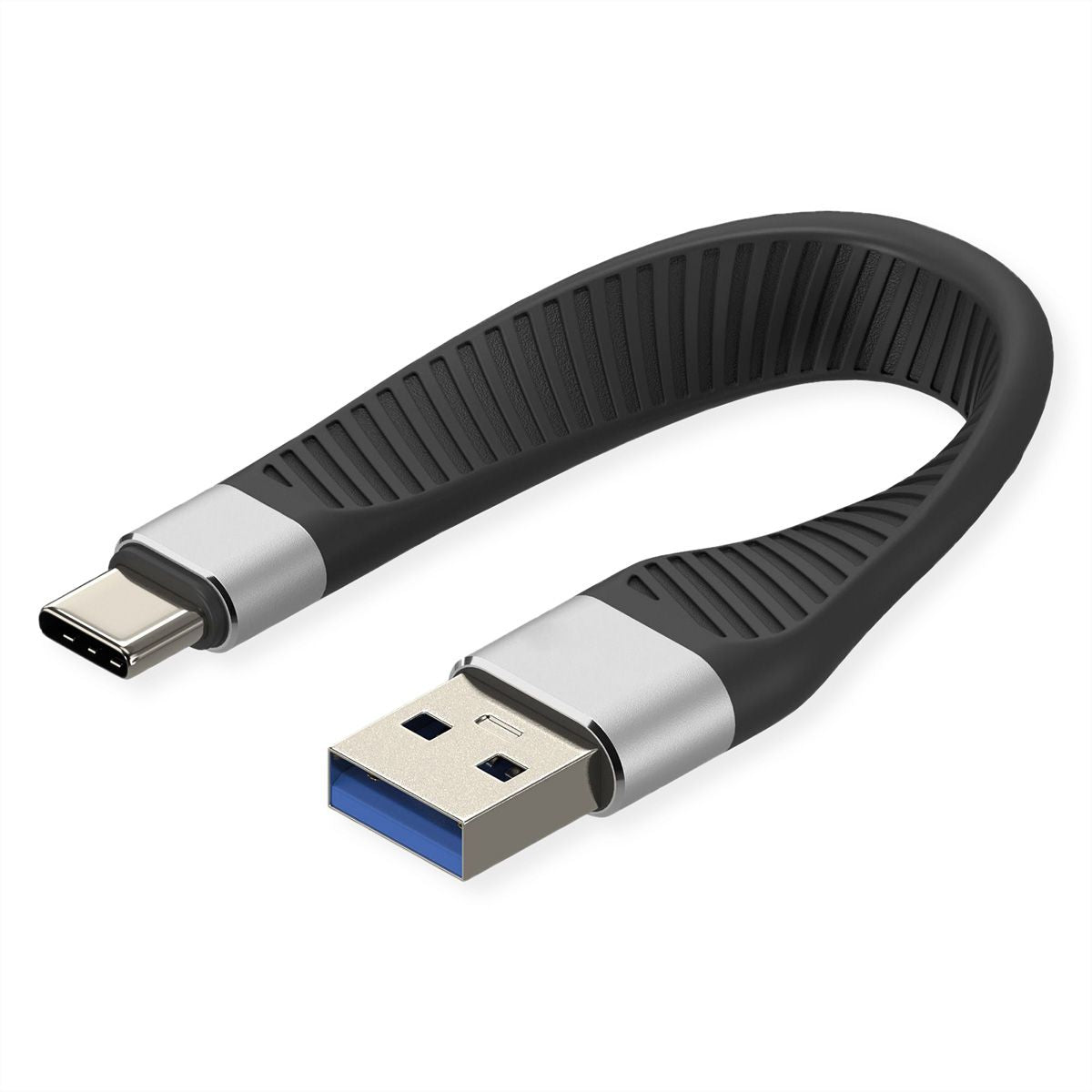 ROLINE USB-C auf USB-A Kabel – USB 3.2 Gen 2 (10 Gbit/s) – 0,11 m – Silikon, Flach – Schwarz