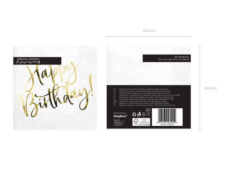 PartyDeco Servietten Happy Birthday – mehrfarbig – 33 × 33 cm, 3-lagig – 20 Stück