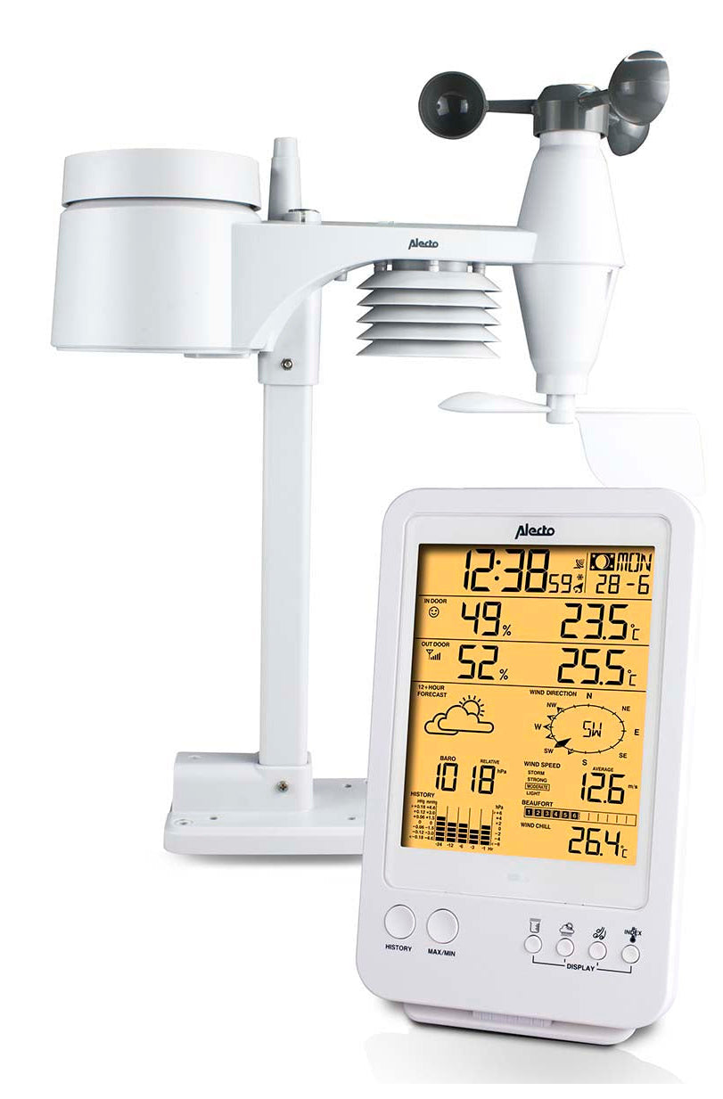 Alecto WS-4800 – Wetterstation, Funk 868 MHz, innen/außen, Hygrometer & Barometer, inkl. Aussensensor – weiss