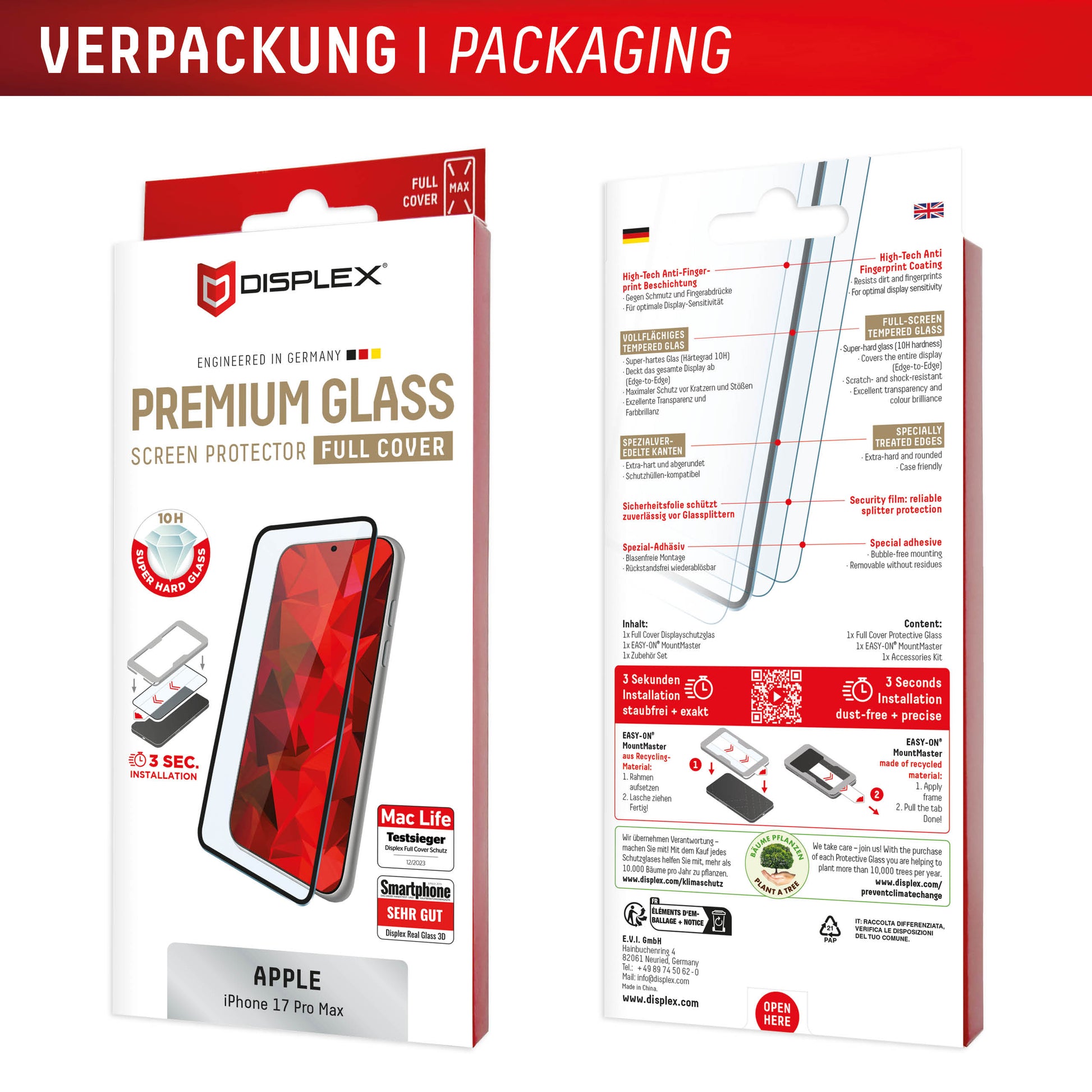 Displex Displayschutz (Panzerglas), 10H – für iPhone 17 Pro Max – mit Applikator