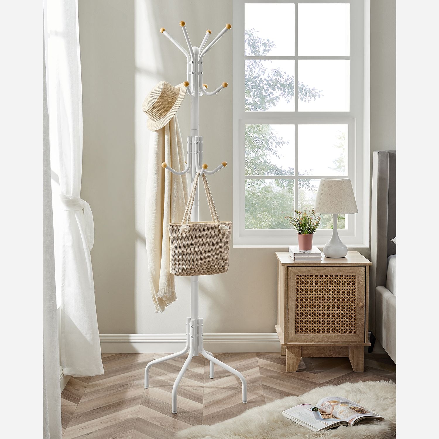 Songmics Garderobenständer – 12 Haken, Stahl, Weiss/Holz, 55 × 55 × 180 cm